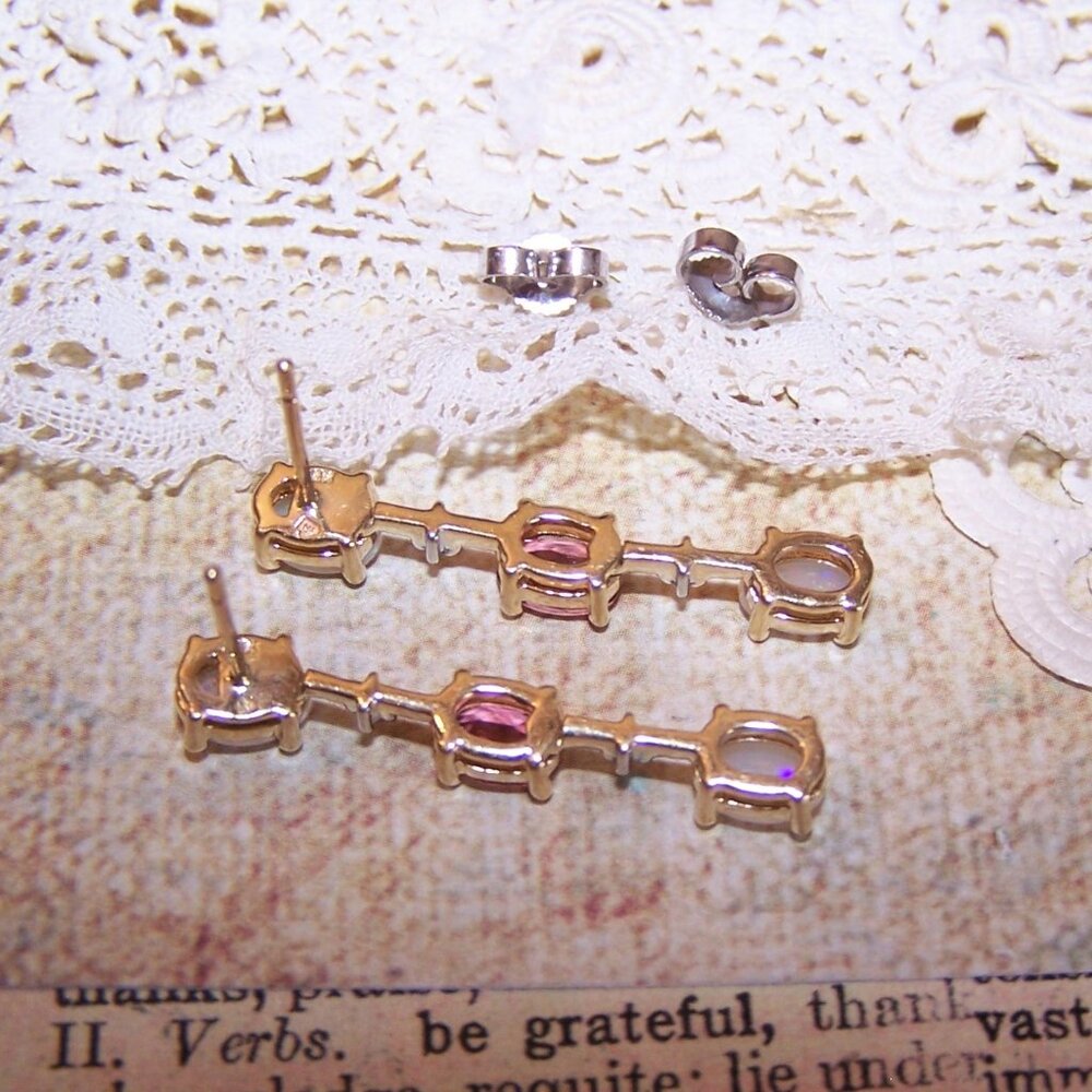 14K Gold Opal Diamond and Pink Tourmaline Dangle Drop Earrings - Posts with Nuts - Picture 11 of 11